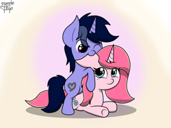 Size: 2048x1536 | Tagged: safe, artist:kimjoman, oc, oc only, oc:purple flix, oc:rosa flame, species:pony, species:unicorn, chibi, cute, female, looking at each other, male, nom, playing, sitting