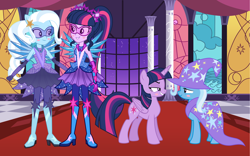 Size: 3744x2336 | Tagged: safe, artist:greenmachine987, artist:mixiepie, artist:pink1ejack, artist:themexicanpunisher, artist:wild-hearts, character:trixie, character:twilight sparkle, character:twilight sparkle (alicorn), character:twilight sparkle (scitwi), species:alicorn, species:eqg human, species:pony, species:unicorn, ship:twixie, equestria girls:legend of everfree, g4, my little pony: equestria girls, my little pony:equestria girls, alternate universe, blushing, canterlot, cape, clothing, crystal guardian, eye contact, female, grin, hat, lesbian, looking at each other, mare, sci-twixie, shipping, smiling, trixie's cape, trixie's hat