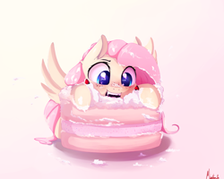Size: 2500x2000 | Tagged: safe, artist:miokomata, character:fluttershy, species:pegasus, species:pony, blushing, cake, cute, eating, eyes on the prize, fangs, female, food, freckles, frosting, gradient background, macaron, messy eating, open mouth, shyabetes, simple background, smiling, spread wings, strawberry, strawberry cake, wings