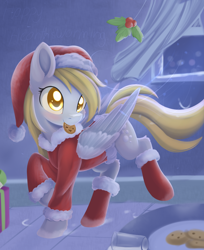Size: 1200x1470 | Tagged: safe, artist:dusthiel, character:derpy hooves, species:pegasus, species:pony, christmas, clothing, cookie, female, food, hat, holiday, holly, holly mistaken for mistletoe, mare, milk, mouth hold, santa hat, solo