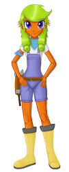 Size: 1208x3000 | Tagged: safe, artist:artemis-polara, oc, oc only, oc:carrot patch, my little pony:equestria girls, clothing, commission, equestria girls-ified, female, hammer, overalls, shovel, simple background, solo, transparent background