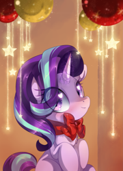 Size: 1311x1819 | Tagged: safe, artist:loyaldis, character:starlight glimmer, species:pony, species:unicorn, blushing, bow, chest fluff, christmas, cute, female, glimmerbetes, glowing horn, happy, heart eyes, holiday, horn, looking at you, mare, ornament, ribbon, sitting, smiling, solo, sparkles, stars, wingding eyes