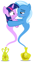 Size: 243x452 | Tagged: safe, artist:navitaserussirus, character:trixie, character:twilight sparkle, asktwixiegenies, ship:twixie, about to kiss, blush sticker, blushing, female, genie, geniefied, lesbian, shipping, simple background, white background