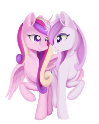 Size: 887x1115 | Tagged: safe, artist:dusthiel, character:fleur-de-lis, character:princess cadance, species:alicorn, species:pony, species:unicorn, ship:fleurdance, bedroom eyes, colored pupils, female, hug, infidelity, lesbian, looking at each other, mare, raised hoof, shipping, simple background, smiling, transparent background, winghug