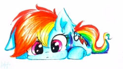 Size: 3771x2121 | Tagged: safe, artist:liaaqila, character:rainbow dash, species:pony, bored, cute, dashabetes, female, floppy ears, liaaqila is trying to murder us, mare, multicolored hair, prone, simple background, solo, squishy cheeks, traditional art, white background