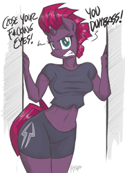 Size: 900x1246 | Tagged: safe, artist:flutterthrash, character:tempest shadow, species:anthro, my little pony: the movie (2017), angry, belly button, boyshorts, broken horn, censored vulgarity, clothing, dialogue, embarrassed, embarrassed underwear exposure, eye scar, female, gritted teeth, looking at you, midriff, open up your eyes, panties, scar, short shirt, simple background, solo, speech, underwear, vulgar