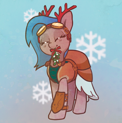 Size: 900x909 | Tagged: safe, artist:dawnfire, oc, oc only, species:pony, antlers, christmas, eyes closed, female, goggles, holiday, mare, mistletoe, mouth hold, reindeer antlers, smiling, snow, snowflake