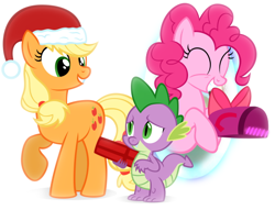 Size: 532x407 | Tagged: safe, artist:navitaserussirus, character:applejack, character:pinkie pie, character:spike, species:dragon, christmas, holiday