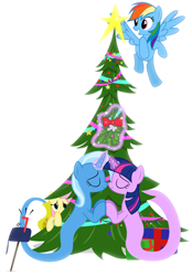 Size: 750x1080 | Tagged: safe, artist:navitaserussirus, character:fluttershy, character:rainbow dash, character:trixie, character:twilight sparkle, ship:twixie, christmas, christmas tree, female, genie, holiday, lesbian, mailbox, mistletoe, present, shipping, tree