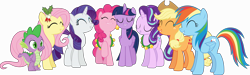 Size: 25536x7700 | Tagged: safe, artist:frownfactory, character:applejack, character:fluttershy, character:pinkie pie, character:rainbow dash, character:rarity, character:spike, character:starlight glimmer, character:twilight sparkle, character:twilight sparkle (alicorn), species:alicorn, species:dragon, species:earth pony, species:pegasus, species:pony, species:unicorn, episode:a hearth's warming tail, episode:hearth's warming eve, g4, my little pony: friendship is magic, absurd resolution, christmas, dangerously high res, eyes closed, female, hearth's warming, holiday, male, mane six, mare, simple background, transparent background, vector