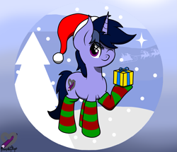 Size: 1785x1536 | Tagged: safe, artist:kimjoman, oc, oc only, oc:purple flix, species:pony, species:unicorn, christmas, christmas tree, clothing, cute, gradient background, hat, holiday, looking at you, male, one eye closed, original version, present, santa claus, santa hat, sleigh, smiling, snow, socks, solo, stars, striped socks, tree, wink, winter