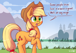 Size: 2529x1771 | Tagged: safe, artist:dsp2003, character:applejack, species:earth pony, species:pony, applejack's hat, blushing, clothing, cloud, comic, cowboy hat, cute, dialogue, ear fluff, female, freckles, glare, hat, horse puns, lake, leg fluff, mare, neigh, open mouth, pun, raised hoof, river, silly, silly pony, single panel, solo