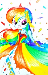 Size: 2120x3340 | Tagged: safe, artist:liaaqila, character:rainbow dash, my little pony:equestria girls, clothing, dress, female, gala dress, multicolored hair, smiling, solo, traditional art