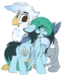 Size: 1500x1842 | Tagged: safe, artist:meggchan, oc, oc only, oc:ganix, oc:liz, species:griffon, species:pegasus, species:pony, 2018 community collab, derpibooru community collaboration, couple, cute, dock, ear piercing, female, floppy ears, galiz, interspecies, looking at each other, looking back, male, mare, piercing, shipping, simple background, transparent background