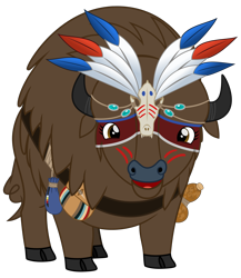 Size: 2600x3000 | Tagged: safe, artist:cheezedoodle96, oc, oc only, oc:laughing water, species:buffalo, 2018 community collab, derpibooru community collaboration, .svg available, beads, belt, buffalo oc, face paint, feather, female, gourd, headdress, looking at you, non-pony oc, pouch, shaman, simple background, smiling, solo, svg, transparent background, vector, war paint