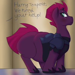 Size: 3500x3500 | Tagged: safe, artist:lupin quill, character:tempest shadow, species:pony, my little pony: the movie (2017), belly, big belly, blushing, broken horn, chubby, dialogue, double chin, eye scar, fat, female, implied twilight sparkle, offscreen character, scar, scrunchy face, solo, speech, tempest blubber, tight clothing