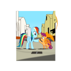 Size: 1200x1200 | Tagged: safe, artist:grapefruitface1, character:rainbow dash, character:scootaloo, species:pegasus, species:pony, album cover, complex background, female, filly, fire, hipgnosis, hoofbump, mare, parody, pink floyd, ponified, ponified album cover, wish you were here