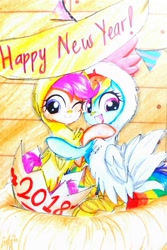 Size: 1831x2735 | Tagged: safe, artist:liaaqila, character:rainbow dash, character:scootaloo, species:pegasus, species:pony, animal costume, chicken suit, clothing, costume, cute, cutealoo, dashabetes, female, happy new year, happy new year 2018, henbow dash, holiday, hug, liaaqila is trying to murder us, looking at you, mare, one eye closed, open mouth, scootachicken, scootalove, smiling, traditional art, wink