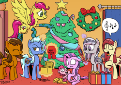 Size: 2631x1860 | Tagged: safe, artist:pony-berserker, oc, oc only, oc:cobalt, oc:dopple, oc:rhythm a cappella, oc:show stopper, oc:stirling silver, oc:sweet words, species:pony, candy, candy cane, christmas, christmas tree, clothing, food, hearth's warming, holiday, mirror, not trixie, plushie, present, singing, socks, tree, wreath