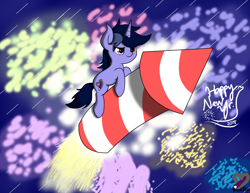Size: 2248x1736 | Tagged: safe, artist:kimjoman, oc, oc only, oc:purple flix, species:pony, species:unicorn, cute, fireworks, happy new year, holiday, male, new year, night, night sky, outdoors, pony on a rocket, riding, rocket, sky, solo