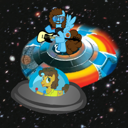 Size: 1200x1200 | Tagged: safe, artist:grapefruitface1, character:cheese sandwich, oc, oc:electric light, electric light orchestra, elo, flying saucer, guitar, jeff lynne, pony creator, space, spaceship