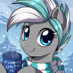 Size: 1500x1500 | Tagged: safe, artist:evomanaphy, oc, oc only, oc:magix, species:pony, blue eyes, bust, clothing, cute, cyan mane, female, gray coat, looking at you, mare, mug, portrait, scarf, smiling, snow, solo, white mane