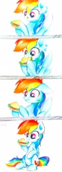 Size: 1224x3414 | Tagged: safe, artist:liaaqila, character:rainbow dash, species:pony, burger, commission, cute, dashabetes, eating, female, food, hay burger, liaaqila is trying to murder us, mare, multicolored hair, nom, simple background, smiling, solo, traditional art, weapons-grade cute