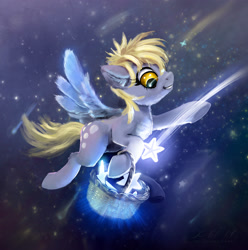 Size: 1724x1738 | Tagged: safe, artist:xbi, character:derpy hooves, species:pegasus, species:pony, basket, chest fluff, cute, derpabetes, female, flying, mare, shooting star, shooting stars, solo, stars, tabun art-battle finished after, tangible heavenly object