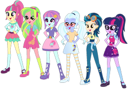 Size: 986x682 | Tagged: safe, artist:ra1nb0wk1tty, character:indigo zap, character:lemon zest, character:sour sweet, character:sugarcoat, character:sunny flare, character:twilight sparkle, character:twilight sparkle (scitwi), species:eqg human, my little pony:equestria girls, clothing, crystal prep shadowbolts, shadow six, simple background, socks, striped socks, transparent background