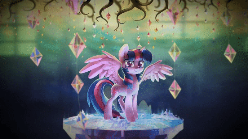 Size: 800x450 | Tagged: safe, artist:dawnfire, artist:imiokun, character:twilight sparkle, character:twilight sparkle (alicorn), species:alicorn, species:pony, 16:9, animated, chandelier, colored pupils, cutie map, depth of field, female, golden oaks chandelier, looking at you, mare, solo, spread wings, tree of memories, twilight's castle, wings