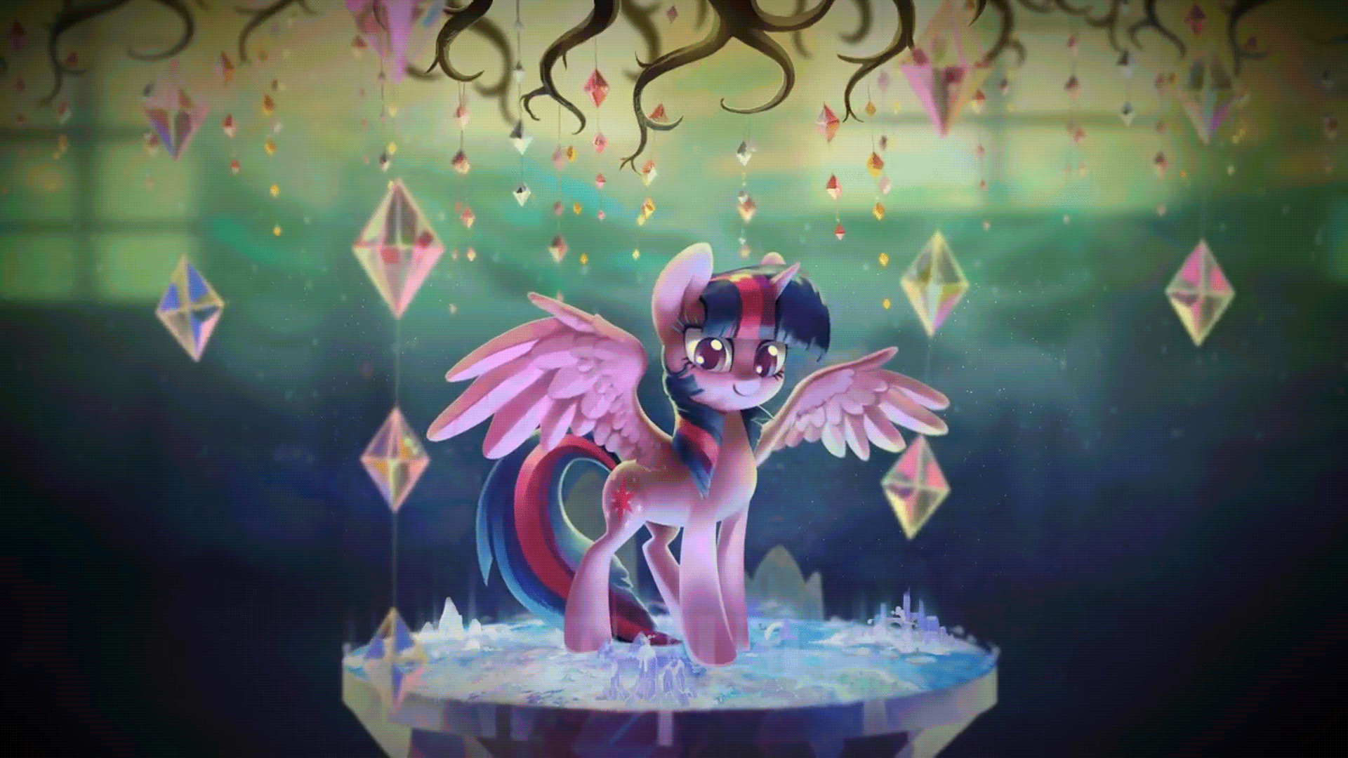 Size: 1920x1080 | Tagged: safe, artist:dawnfire, artist:imiokun, character:twilight sparkle, character:twilight sparkle (alicorn), species:alicorn, species:pony, 16:9, abstract background, absurd file size, absurd gif size, animated, blinking, chandelier, colored pupils, cute, cutie map, depth of field, female, gif, golden oaks chandelier, looking at you, mare, solo, spread wings, tree of memories, upscaled, wings