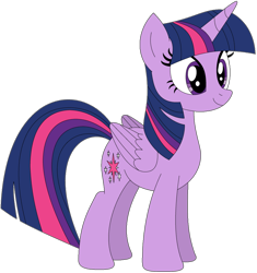 Size: 1024x1091 | Tagged: safe, artist:ra1nb0wk1tty, character:twilight sparkle, character:twilight sparkle (alicorn), species:alicorn, species:pony, blue mane, blue tail, cutie mark, eyelashes, female, horn, long mane, long tail, looking forward, mare, multicolored hair, pink mane, pink tail, purple mane, purple tail, simple background, smiling, solo, standing, tail, transparent background, wings