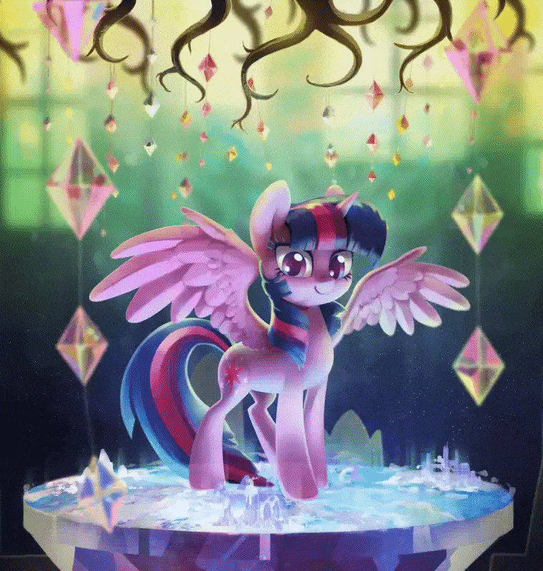 Size: 760x800 | Tagged: safe, artist:dawnfire, artist:imiokun, character:twilight sparkle, character:twilight sparkle (alicorn), species:alicorn, species:pony, absurd file size, absurd gif size, animated, blinking, blue mane, blue tail, chandelier, cinemagraph, colored pupils, cute, cutie map, cutie mark, depth of field, eye shimmer, eyelashes, female, gif, golden oaks chandelier, horn, indoors, long mane, long tail, looking at you, map, mare, multicolored hair, pink mane, pink tail, purple mane, purple tail, smiling, solo, sparkles, spread wings, standing, table, tail, tree of memories, twiabetes, twilight's castle, window, wings