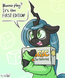 Size: 1344x1600 | Tagged: safe, artist:dsp2003, character:queen chrysalis, species:changeling, species:pony, g4, adorkable, alpha edition, blushing, card game, clothing, cute, cutealis, dialogue, dork, dorkalis, female, floppy ears, glasses, happy, loss (meme), magic the gathering, mare, open mouth, smiling, solo