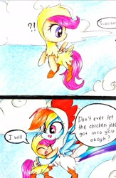 Size: 2117x3246 | Tagged: safe, artist:liaaqila, character:rainbow dash, character:scootaloo, species:pegasus, species:pony, 2 panel comic, animal costume, bipedal, chick, chicken suit, clothing, cloud, comic, costume, cute, cutealoo, dashabetes, dawwww, dialogue, exclamation point, eyes closed, female, filly, flying, happy, heartwarming, henbow dash, hnnng, hug, interrobang, liaaqila is trying to murder us, looking back, mare, question mark, scootachicken, scootaloo can fly, scootalove, sky, smiling, speech bubble, spread wings, traditional art, wings