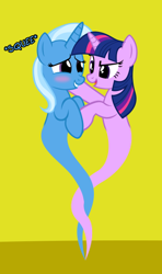 Size: 362x612 | Tagged: safe, artist:navitaserussirus, character:trixie, character:twilight sparkle, asktwixiegenies, ship:twixie, blush sticker, blushing, cropped, female, genie, geniefied, lesbian, shipping, simple background, squee, yellow background