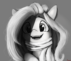 Size: 1400x1200 | Tagged: safe, artist:miokomata, character:fluttershy, species:pegasus, species:pony, apple, bust, clothing, cute, cute little fangs, eye reflection, fangs, female, food, grayscale, happy, looking at something, mare, miokomata is trying to murder us, monochrome, open mouth, portrait, reflection, scarf, shyabetes, smiling, solo