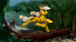 Size: 2000x1121 | Tagged: safe, artist:xbi, character:applejack, species:earth pony, species:pony, chase, female, forest, jumping, mare, parkour, running, timber wolf, tree, underhoof
