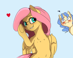 Size: 2500x2000 | Tagged: dead source, safe, artist:miokomata, character:fluttershy, oc, species:pegasus, species:pony, species:unicorn, :i, blushing, bust, chest fluff, cute, cute little fangs, fangs, female, freckles, glasses, heart, looking at you, looking sideways, mare, semi-anthro, shrunken pupils, simple background, smiling, underhoof, wings