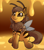 Size: 1121x1280 | Tagged: safe, artist:sugaryviolet, oc, oc only, oc:beeatrice, species:pony, g4, antennae, bag, bee, bee pony, chest fluff, cute, fluffy, food, freckles, honey, ocbetes, original species, saddle bag, signature, sitting, solo, spread wings, three quarter view, wings