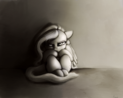 Size: 2500x2000 | Tagged: safe, artist:miokomata, character:fluttershy, species:pegasus, species:pony, against wall, curled up, female, glare, grayscale, looking at you, monochrome, sitting, slouching, solo, stare, the stare