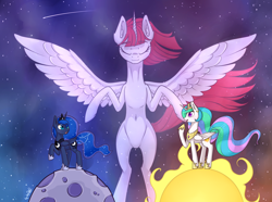 Size: 3876x2880 | Tagged: safe, artist:dsp2003, character:princess celestia, character:princess luna, oc, oc:fausticorn, species:alicorn, species:pony, alicorn oc, eyes closed, female, jewelry, mare, moon, mother and daughter, necklace, open mouth, regalia, shooting star, space, stars, sun, tangible heavenly object, updated