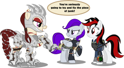 Size: 5719x3166 | Tagged: safe, artist:vector-brony, oc, oc only, oc:blackjack, oc:morning glory (project horizons), oc:rampage, species:pony, fallout equestria, fallout equestria: project horizons, armor, barbed wire, dialogue, gun, open mouth, scrunchy face, simple background, speech bubble, talking, transparent background, weapon