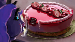 Size: 836x468 | Tagged: safe, artist:xbi, character:princess luna, species:pony, bite mark, cake, chubby cheeks, eating, food, puffy cheeks, realistic, strawberry