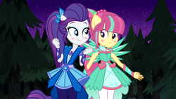 Size: 1280x720 | Tagged: safe, artist:limedazzle, artist:mixiepie, artist:themexicanpunisher, character:rarity, character:sour sweet, equestria girls:legend of everfree, g4, my little pony: equestria girls, my little pony:equestria girls, alternate hairstyle, clothing, crystal guardian, crystal wings, dress, forest, night, ponied up, stars, tree