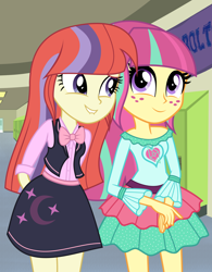 Size: 1984x2544 | Tagged: safe, artist:fundz64, artist:limedazzle, artist:themexicanpunisher, artist:xebck, character:moondancer, character:sour sweet, my little pony:equestria girls, alternate universe, canterlot high, clothing, dress, equestria girls-ified, female, hallway, lesbian, lockers, shipping, skirt, smiling, sourdancer