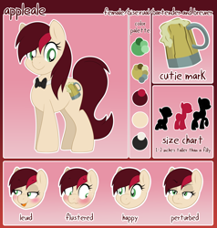 Size: 2114x2225 | Tagged: safe, artist:pearlyiridescence, oc, oc only, oc:appleale, species:earth pony, species:pony, blushing, bow tie, female, mare, reference sheet, size chart, size comparison, solo