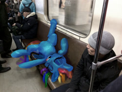Size: 960x720 | Tagged: safe, artist:xbi, character:rainbow dash, species:human, species:pegasus, species:pony, belly fluff, cheek fluff, ear fluff, eyes closed, female, fluffy, irl, jerk, leg fluff, mare, moscow metro, on back, open mouth, photo, ponies in real life, russia, sitting, sleeping, spread legs, spreading, tongue out