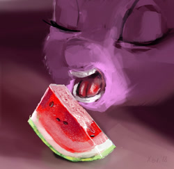 Size: 1080x1050 | Tagged: safe, artist:xbi, character:twilight sparkle, species:pony, 30 minute art challenge, close-up, delicious, eyes closed, female, food, mare, open mouth, signature, solo, teeth, watermelon