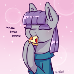 Size: 1024x1024 | Tagged: safe, artist:dsp2003, character:maud pie, species:earth pony, species:pony, 30 minute art challenge, :t, blushing, clothing, eating, eyes closed, female, food, gradient background, hoof hold, mare, maudabetes, meat, nom, pepperoni, pepperoni pizza, pizza, ponies eating meat, puffy cheeks, smiling, sparkles, when she smiles